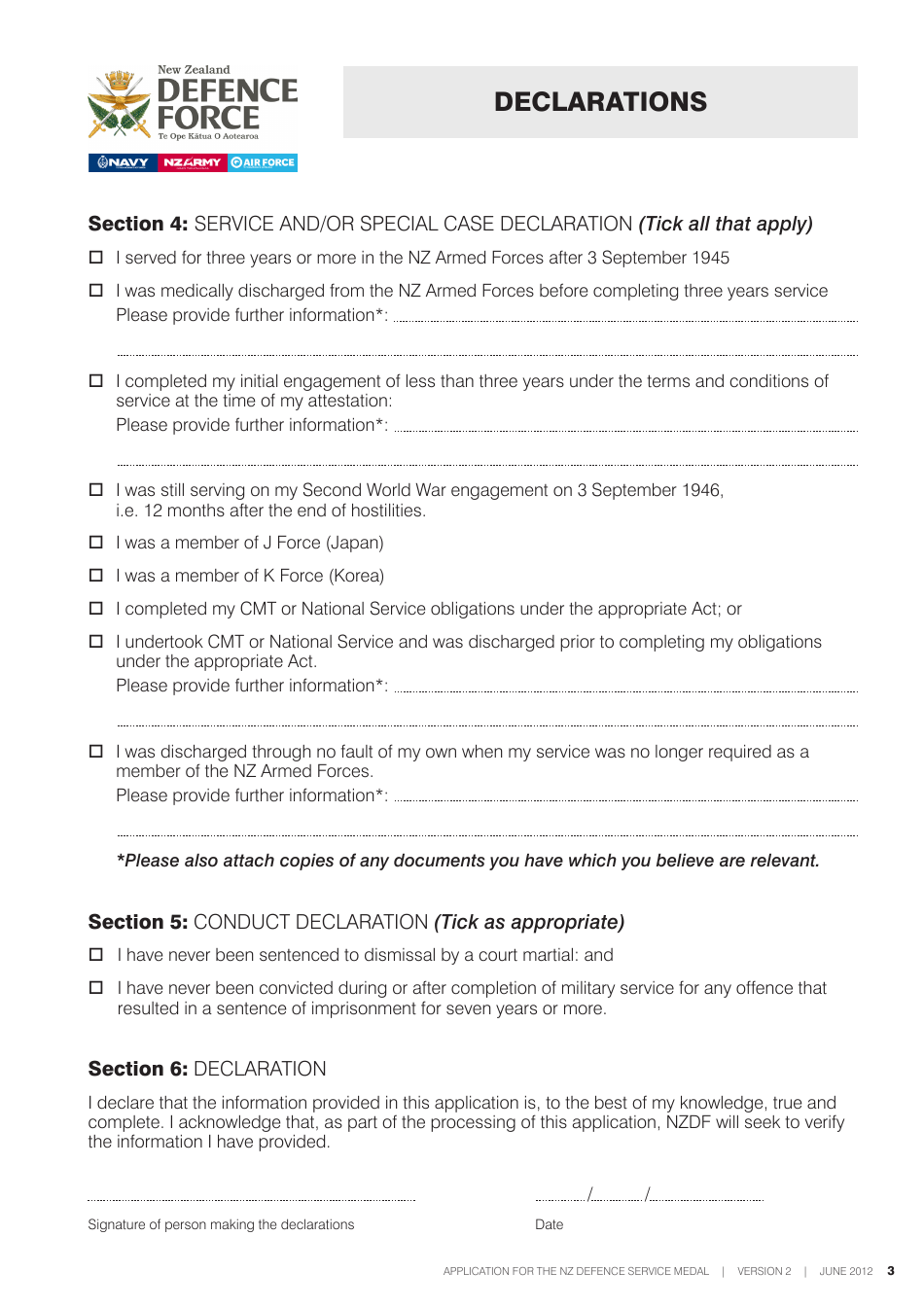 Application Form for the New Zealand Defence Service Medal - New Zealand, Page 3