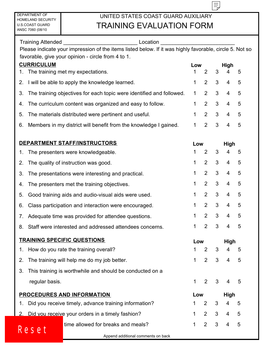 Form ANSC7060 Training Evaluation Form, Page 1