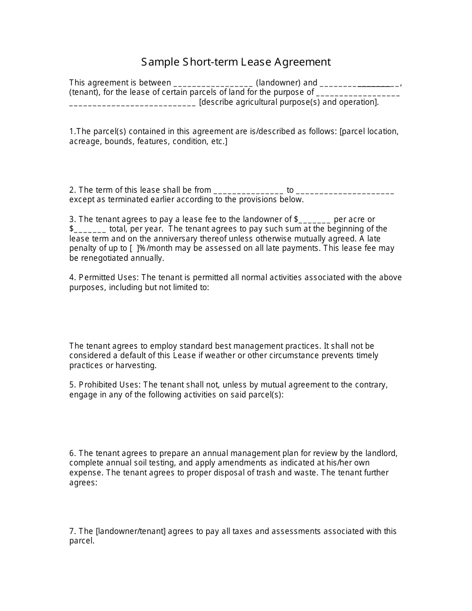 Short-Term Lease Agreement Template, Page 1