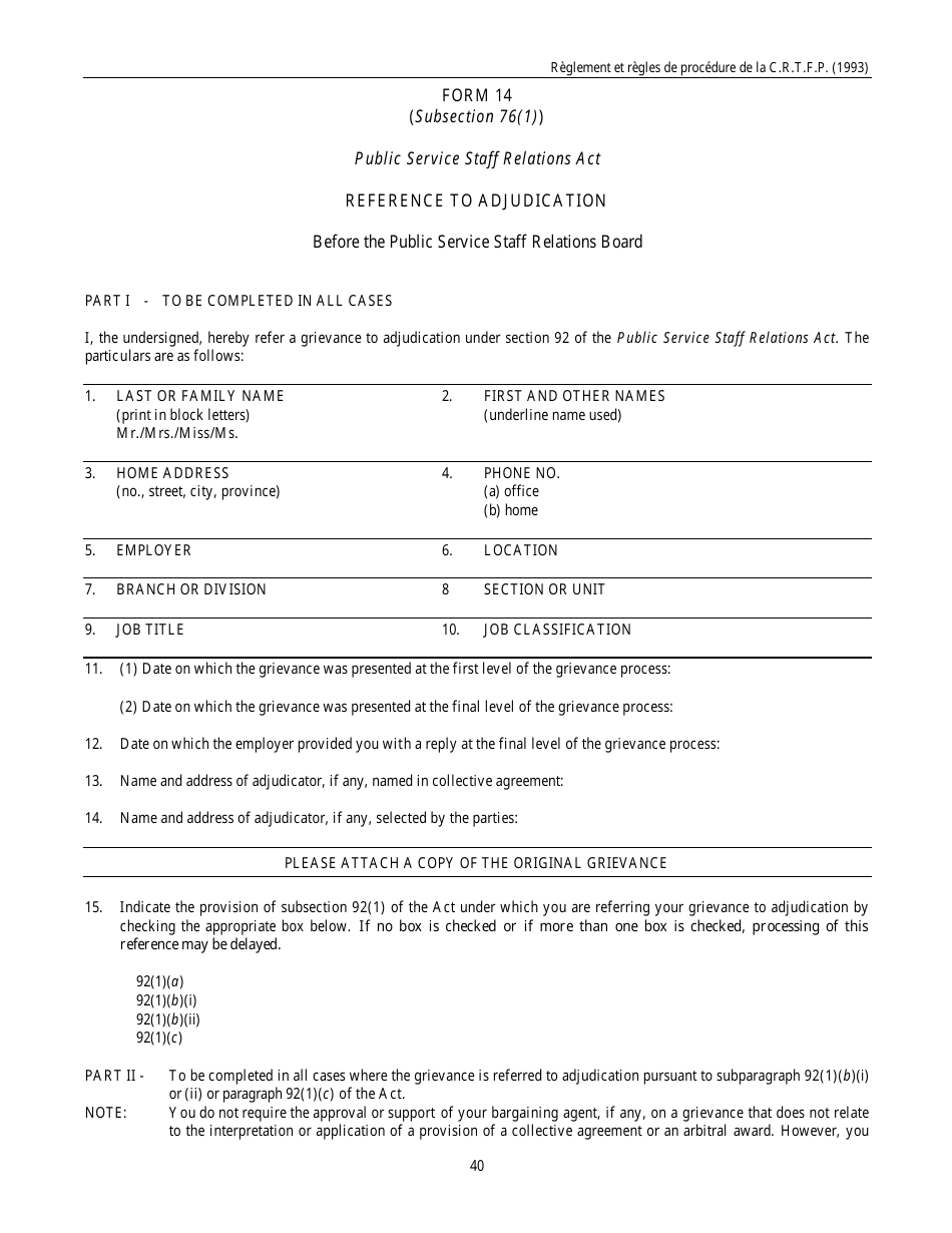 Form 14 Reference to Adjudication - Canada, Page 1