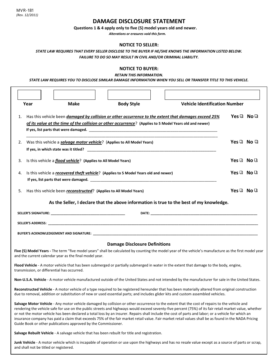 Form MVR-181 Damage Disclosure Statement - North Carolina, Page 1