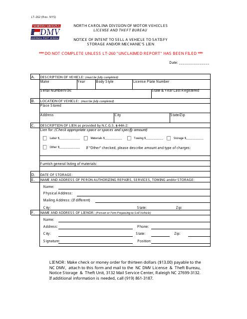 Form LT-262 Notice of Intent to Sell a Vehicle to Satisfy Storage and/or Mechanic's Lien - North Carolina
