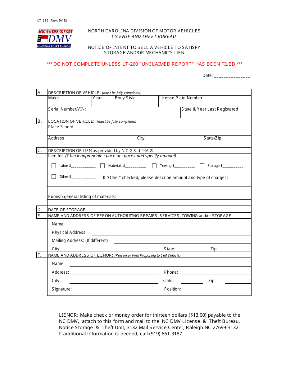 Form LT-262 Notice of Intent to Sell a Vehicle to Satisfy Storage and / or Mechanics Lien - North Carolina, Page 1