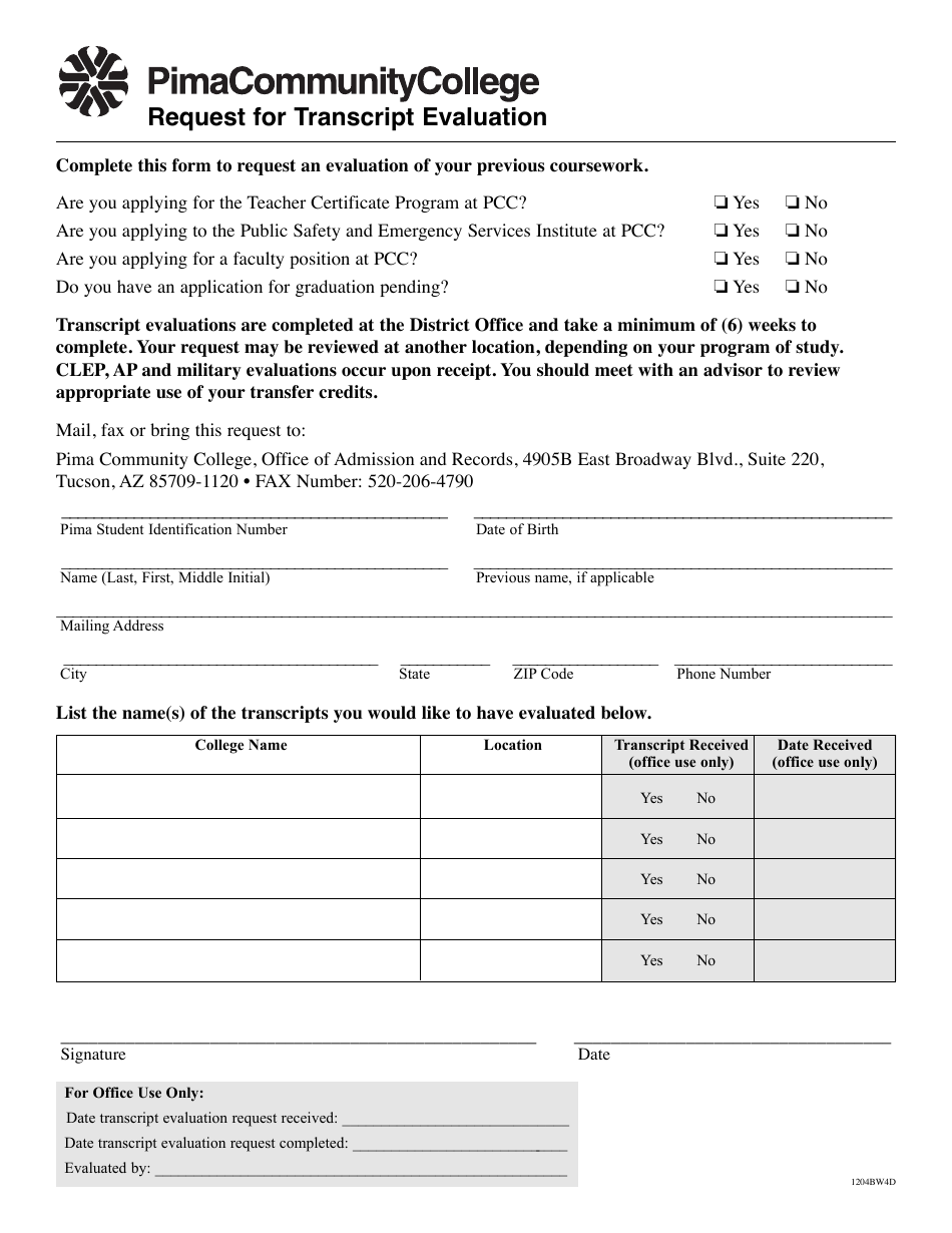 Transcript Evaluation Request Form - Pima Community College, Page 1
