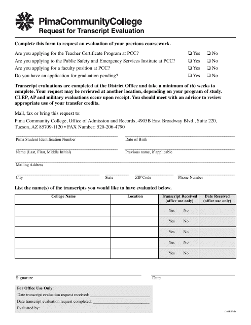 Transcript Evaluation Request Form - Pima Community College