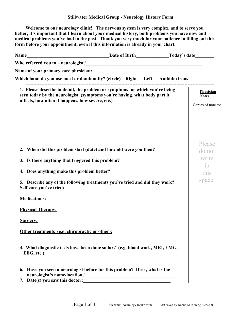 Neurology History Form - Stillwater Medical Group, Page 1