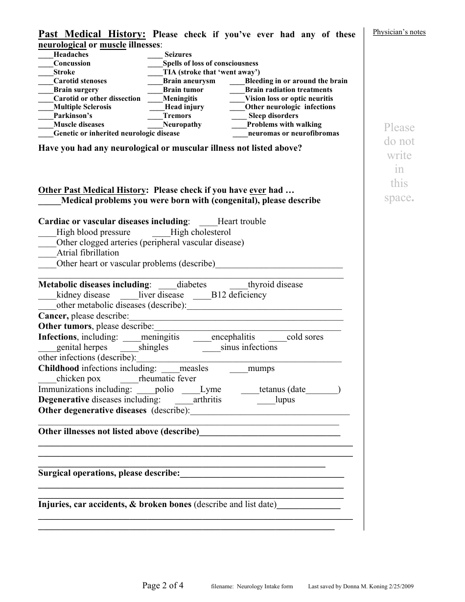 Neurology History Form - Stillwater Medical Group, Page 2