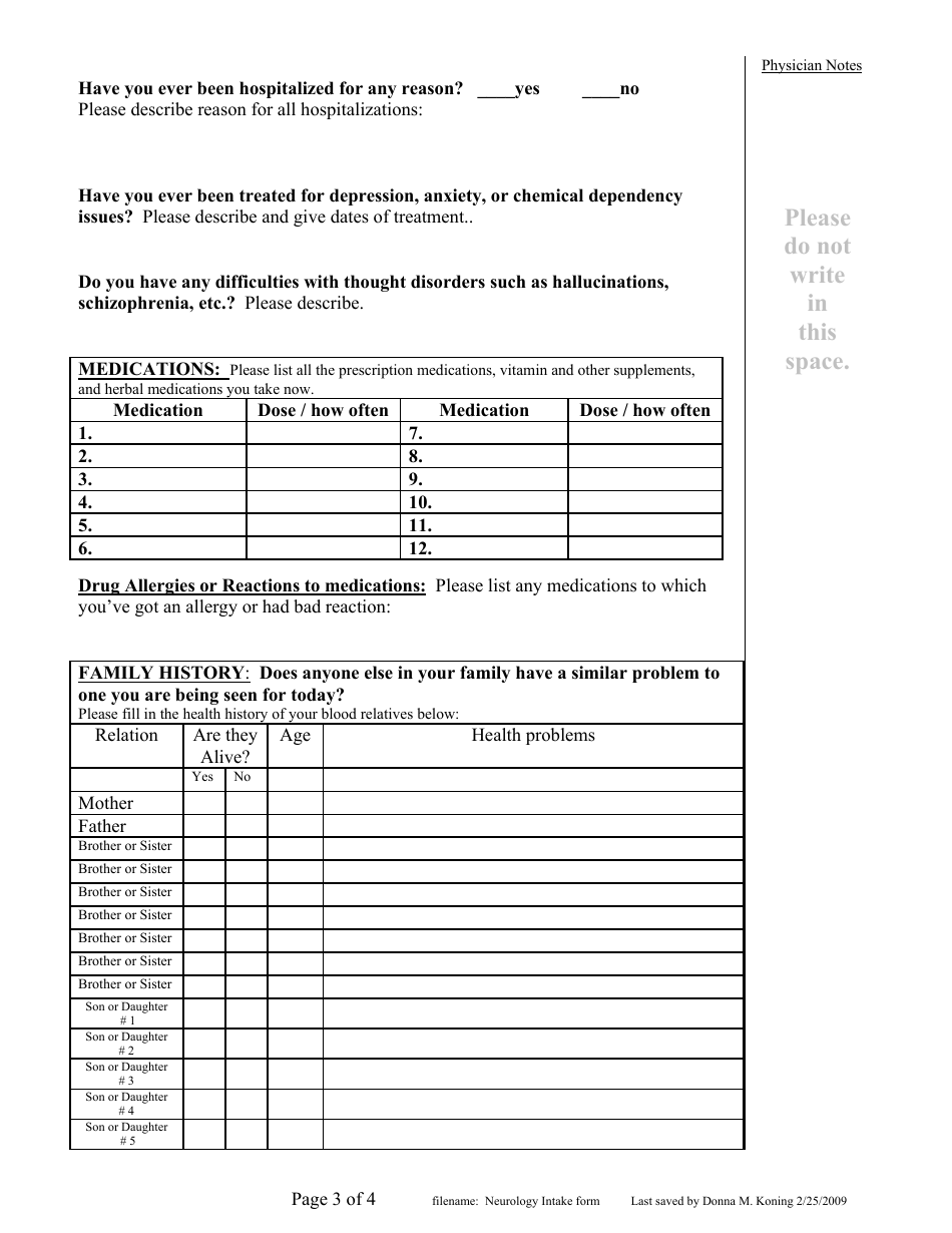 Neurology History Form - Stillwater Medical Group, Page 3