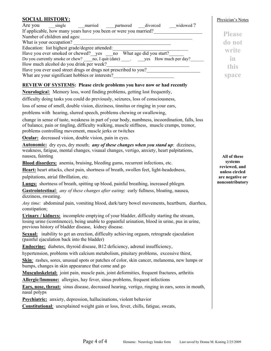 Neurology History Form - Stillwater Medical Group, Page 4
