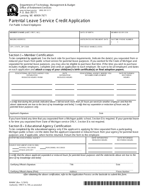 Form R0008C Parental Leave Service Credit Application for Public School Employees - Michigan