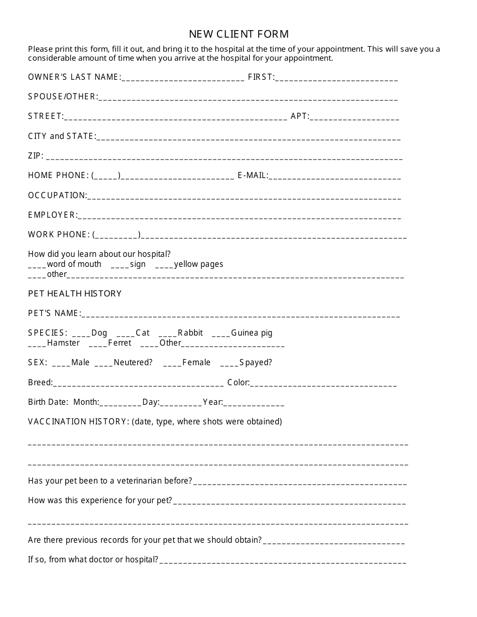 Pet Hospital New Client Form, Page 1