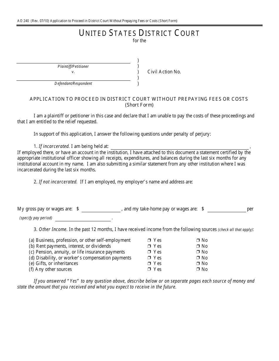 Form AO240 Application to Proceed in District Court Without Prepaying Fees or Costs (Short Form), Page 1