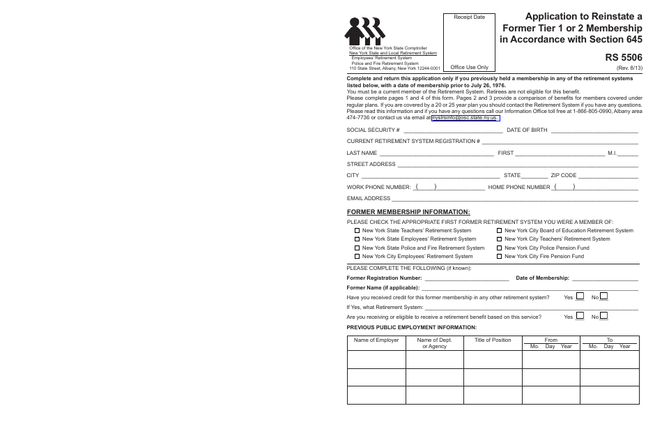 Form RS5506 Application to Reinstate a Former Tier 1 or 2 Membership - New York, Page 1