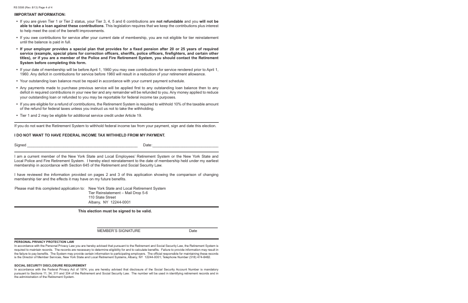 Form RS5506 Application to Reinstate a Former Tier 1 or 2 Membership - New York, Page 3