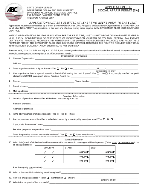 Application for Social Affair Permit [sa] - New Jersey