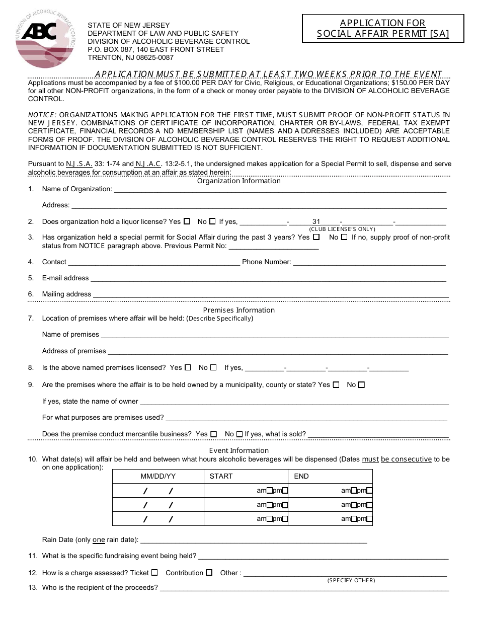 Application for Social Affair Permit [sa] - New Jersey, Page 1
