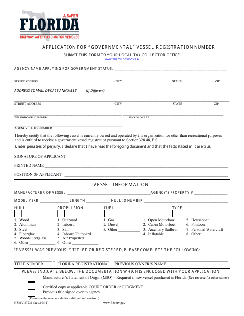 Form HSMV87231 Application for &quot;governmental&quot; Vessel Registration Number - Florida