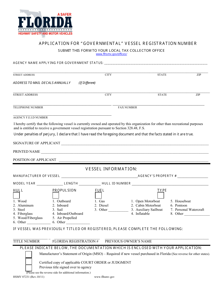 Form HSMV87231 Application for governmental Vessel Registration Number - Florida, Page 1