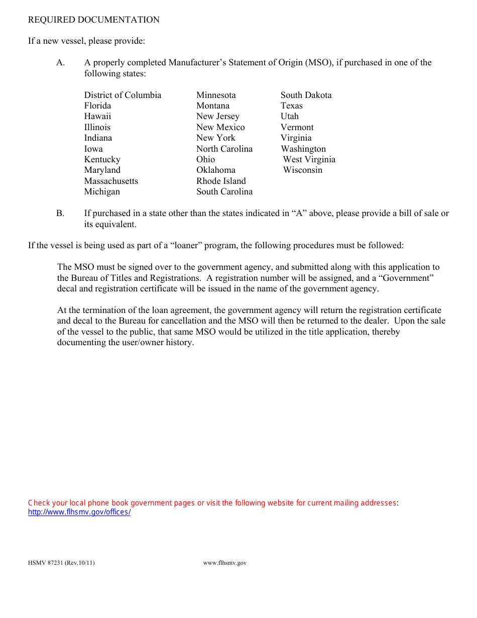Form HSMV87231 Application for governmental Vessel Registration Number - Florida, Page 2