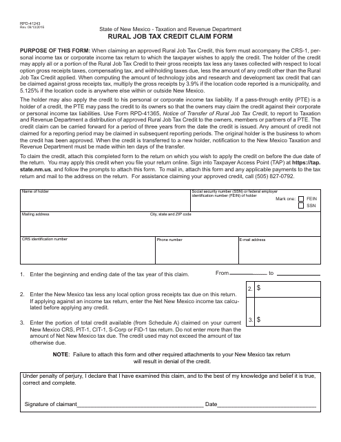 Form RPD-41243 Rural Job Tax Credit Claim Form - New Mexico