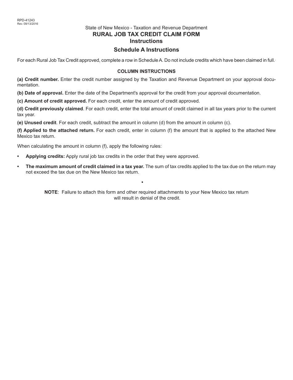 Form RPD-41243 Rural Job Tax Credit Claim Form - New Mexico, Page 3