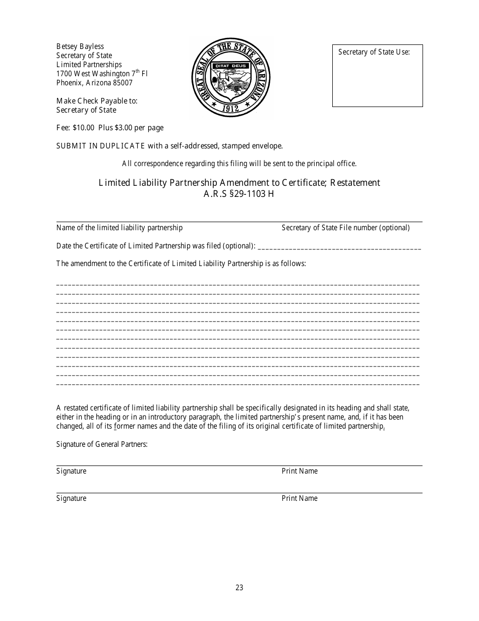 Limited Liability Partnership Amendment to Certificate; Restatement Form - Arizona, Page 1