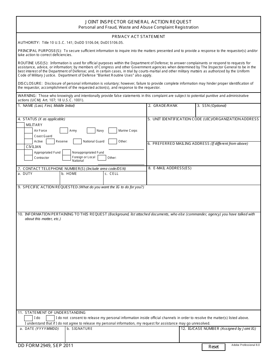 DD Form 2949 Joint Inspector General Action Request, Page 1