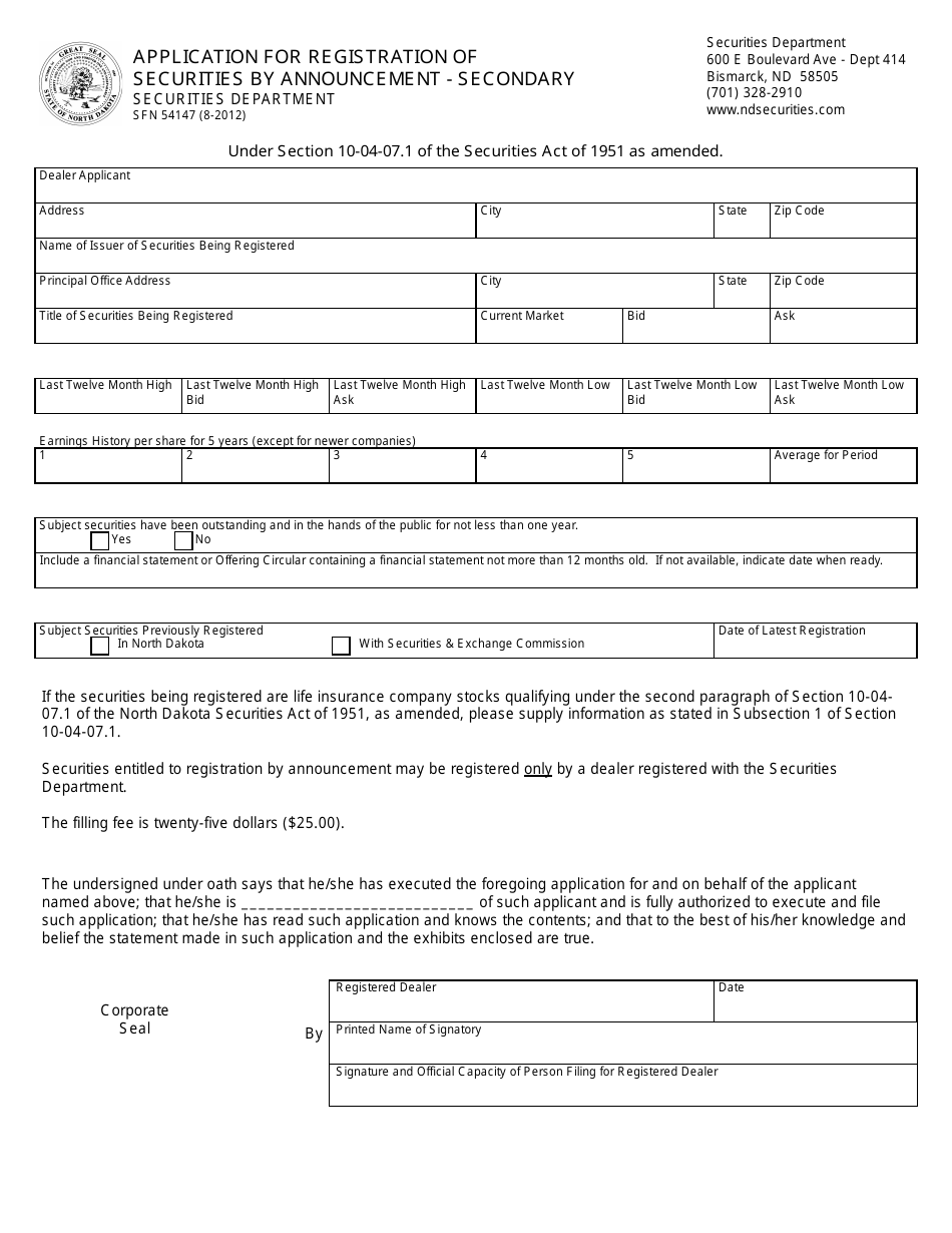 Form SFN54147 Application for Registration of Securities by Announcement - Secondary - North Dakota, Page 1