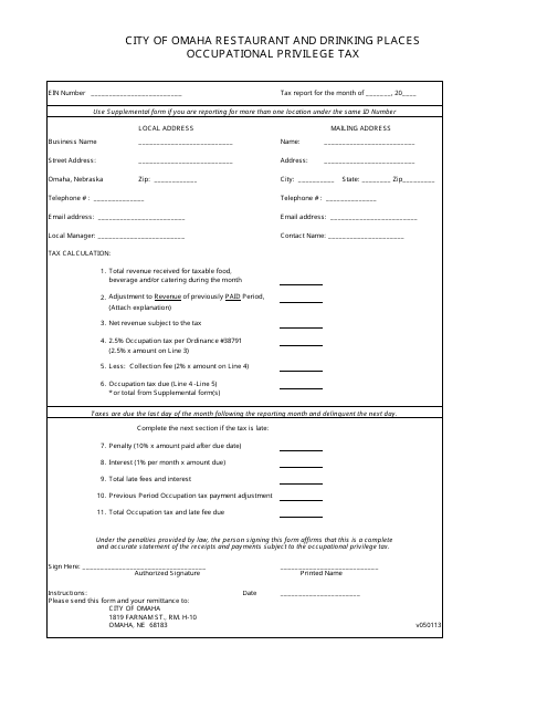 Form V050113 Restaurant and Drinking Places Occupational Privilege Tax - City of Omaha, Nebraska