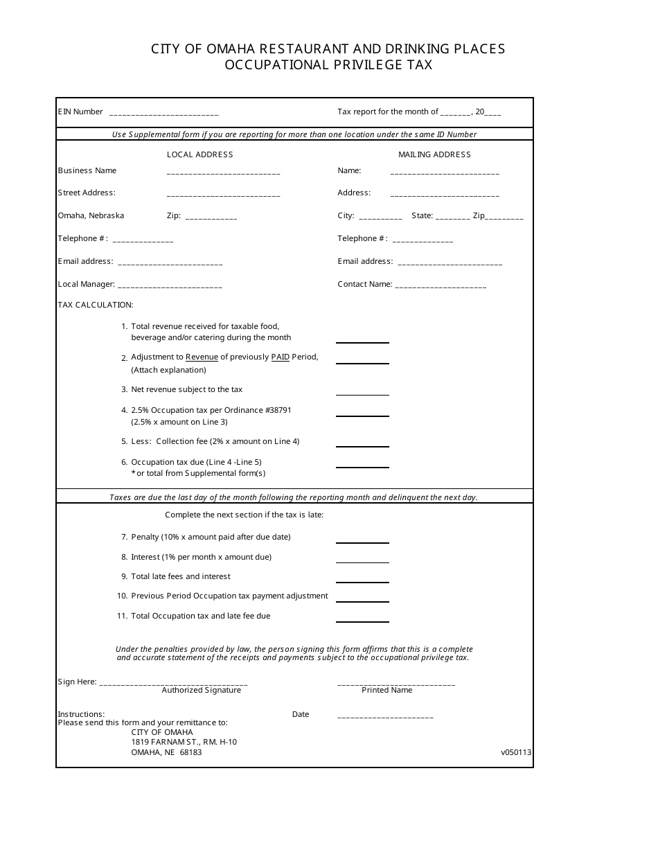 Form V050113 Restaurant and Drinking Places Occupational Privilege Tax - City of Omaha, Nebraska, Page 1