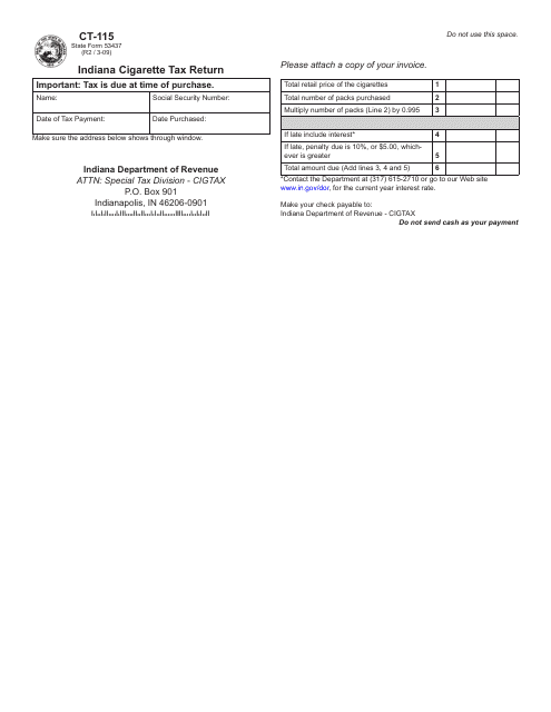 Form CT-115 (State Form 53437) Indiana Cigarette Tax Return - Indiana