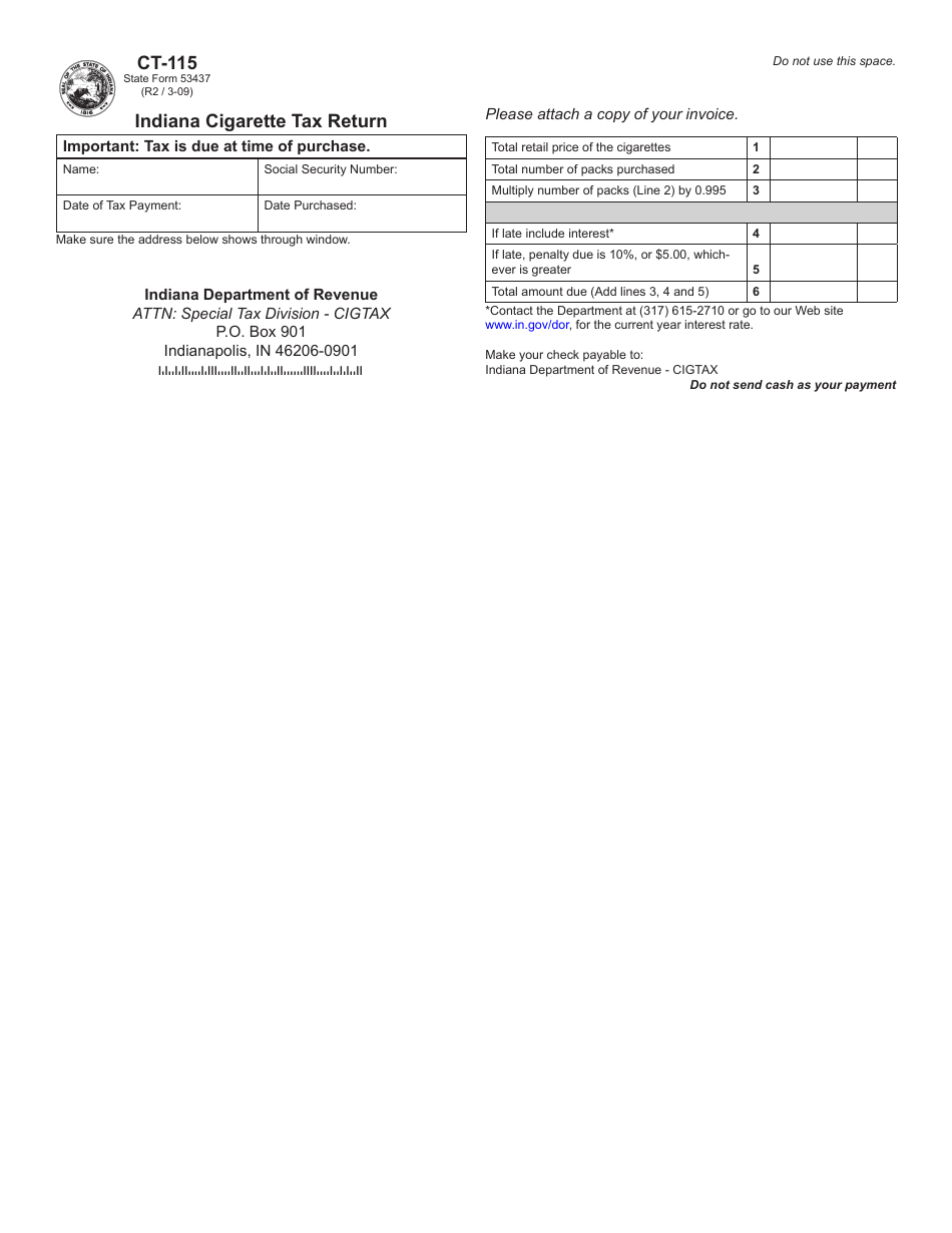 Form CT-115 (State Form 53437) Indiana Cigarette Tax Return - Indiana, Page 1
