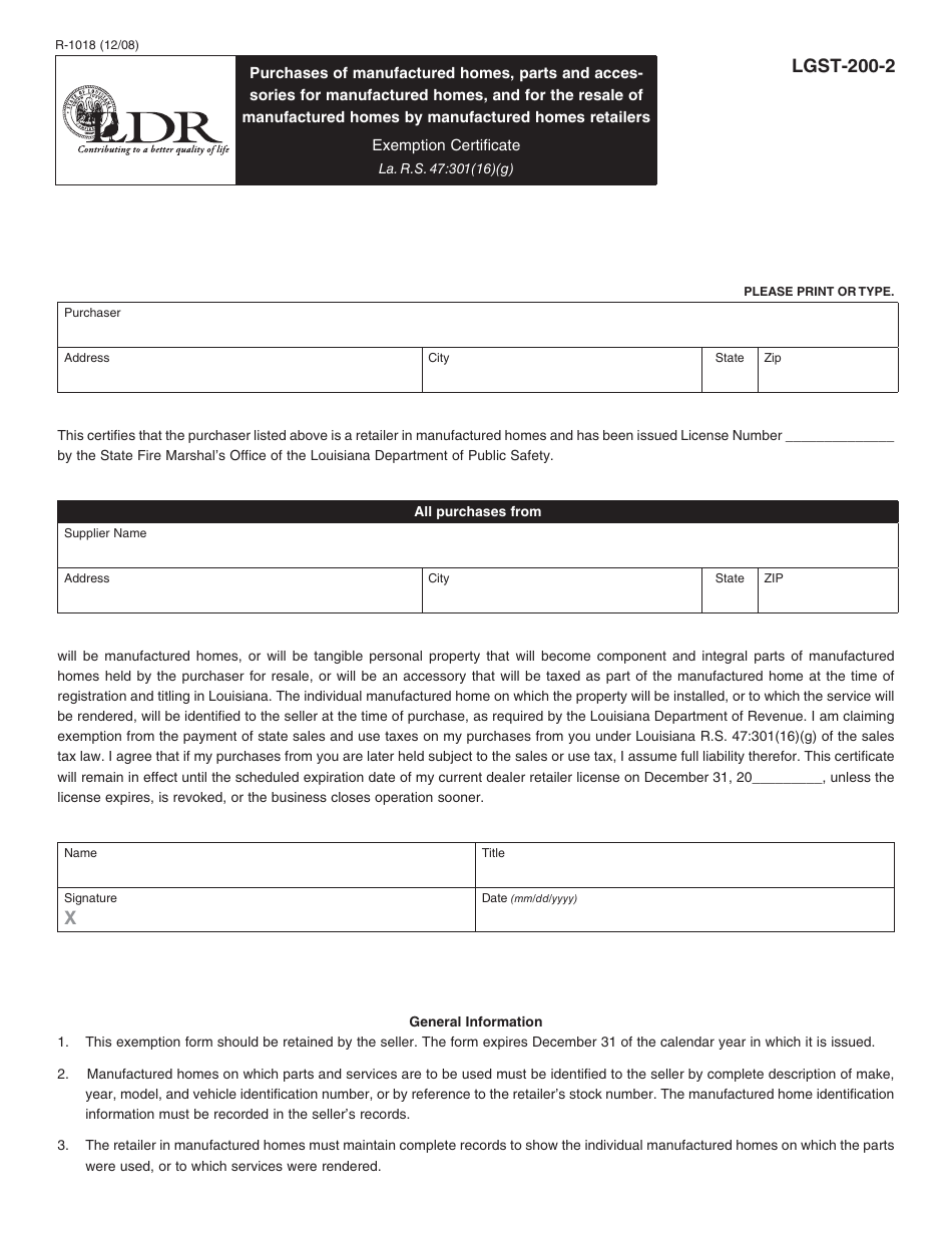 Form R-1018 Purchases of Manufactured Homes, Parts and Accessories for Manufactured Homes, and for the Resale of Manufactured Homes by Manufactured Homes Retailers Exemption Certificate - Louisiana, Page 1