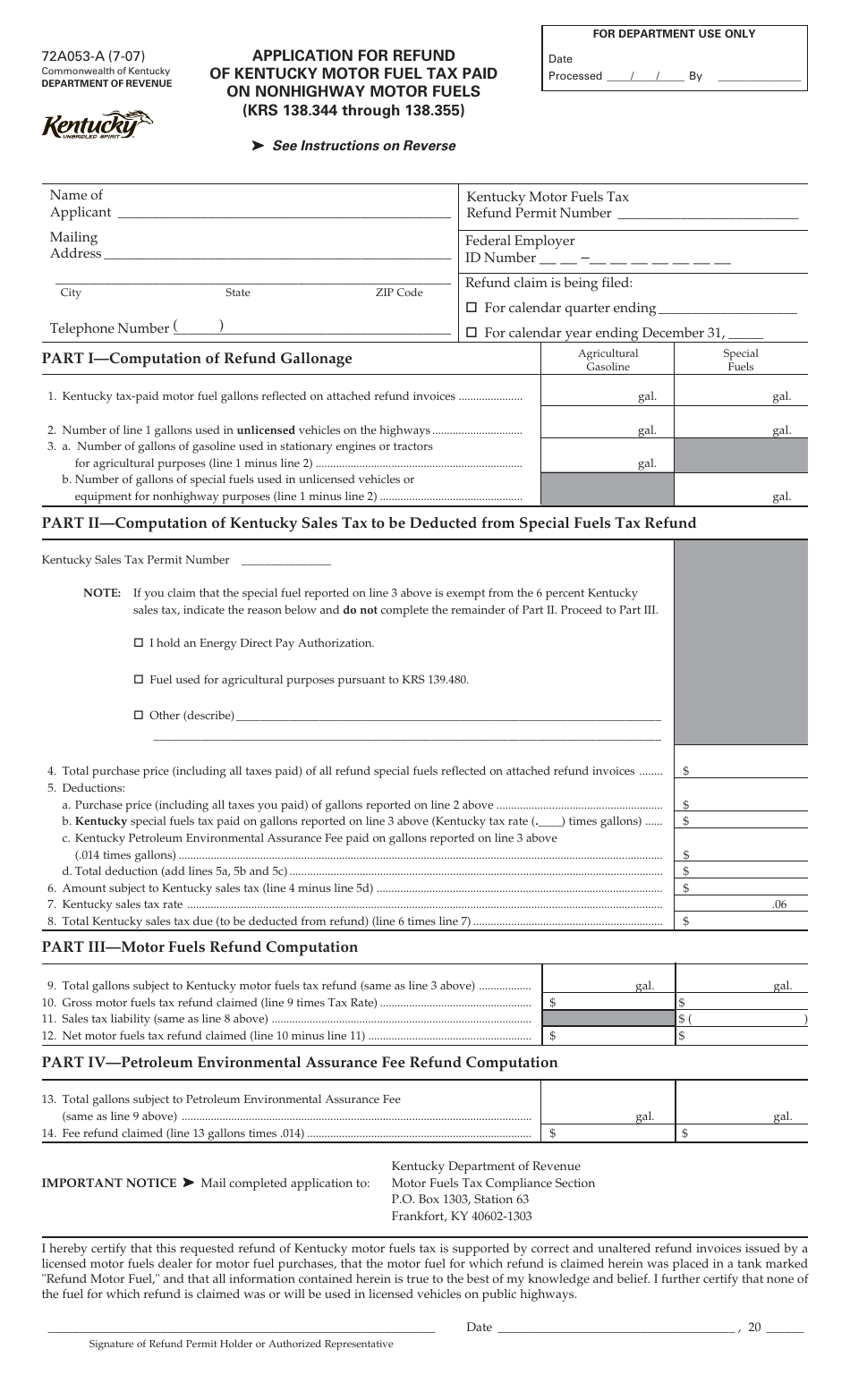 Form 72A053-A Application for Refund of Kentucky Motor Fuel Tax Paid on Nonhighway Motor Fuels - Kentucky, Page 1