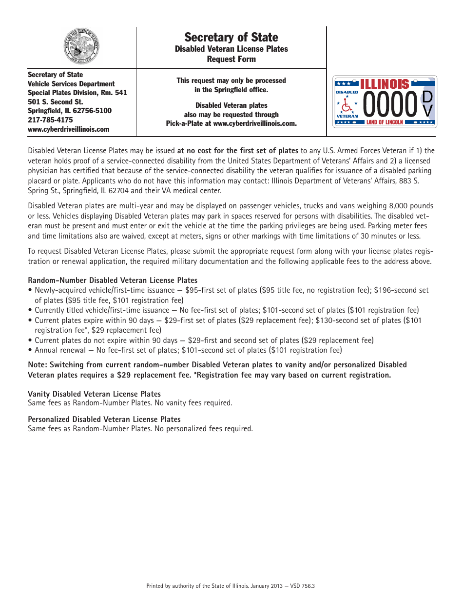 Illinois Disabled Veteran License Plates Request Form Download Fillable Pdf Templateroller