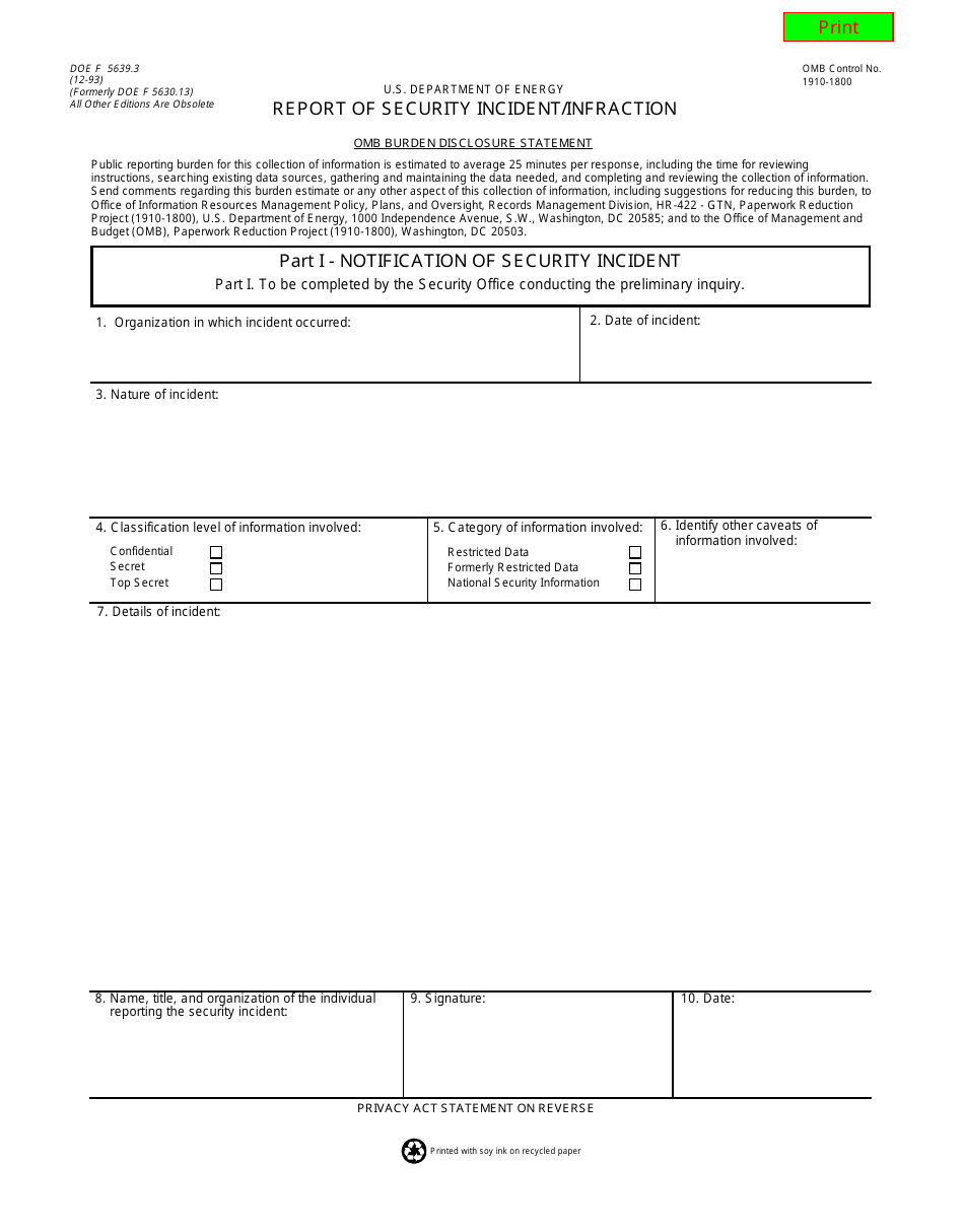 DOE Form 5693.3 Report of Security Incident / Infraction, Page 1