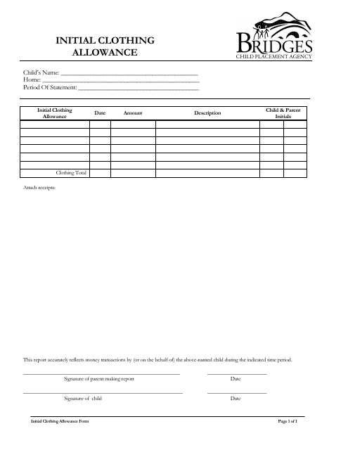 Initial Clothing Allowance Form - Bridges Child Placement Agency Download Pdf