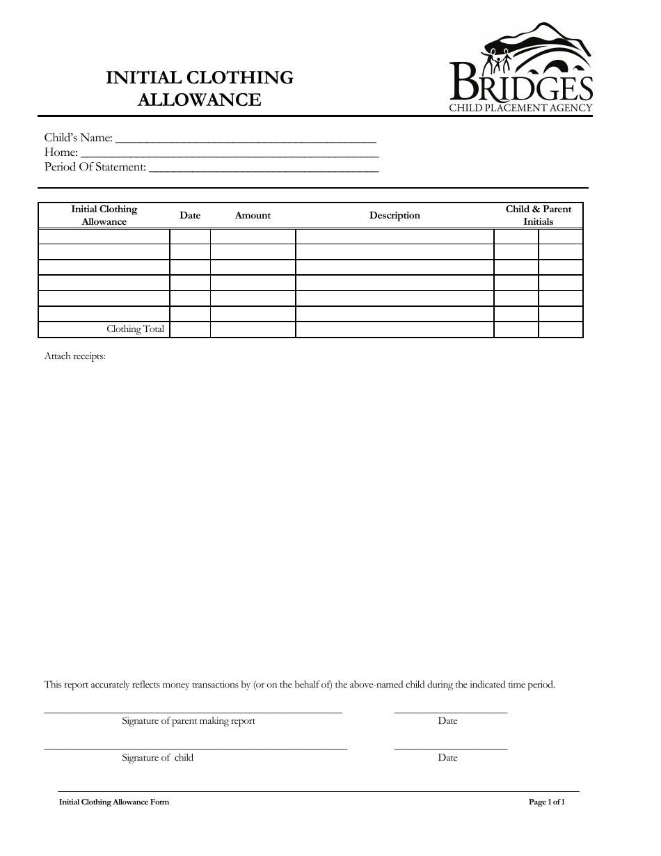 Initial Clothing Allowance Form - Bridges Child Placement Agency, Page 1
