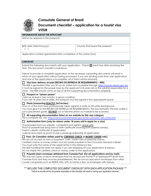 Brazil Tourist Visa Document Checklist - Consulate General of Brazil - City of Vancouver, British Columbia, Canada Download Pdf