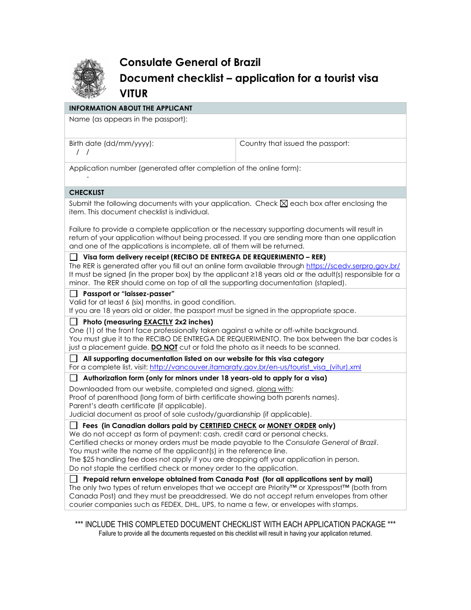 Brazil Tourist Visa Document Checklist - Consulate General of Brazil - City of Vancouver, British Columbia, Canada, Page 1
