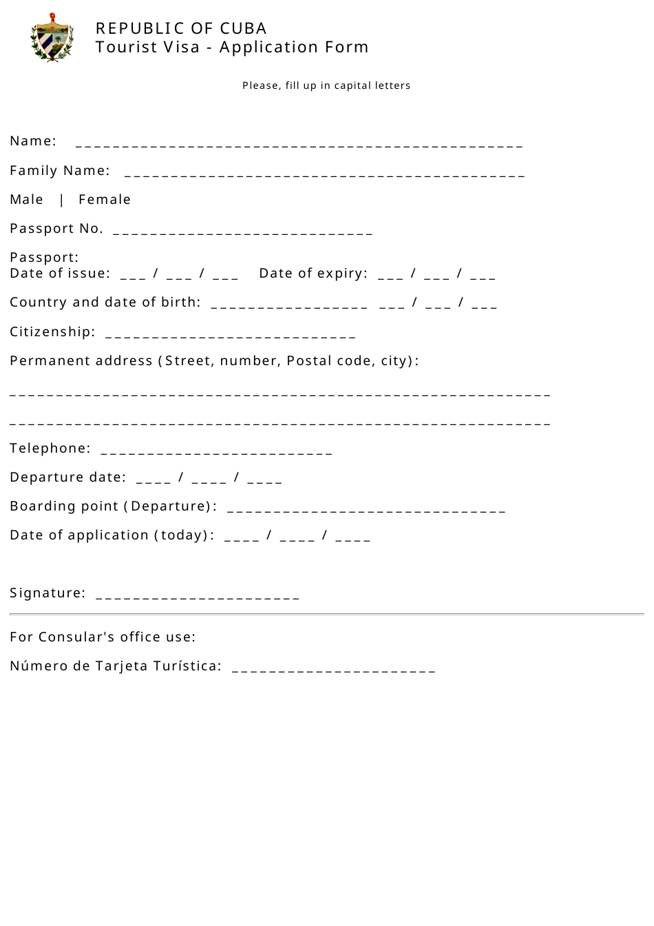 Cuba Republic Of Cuba Tourist Visa Application Form Fill Out Sign Online And Download PDF