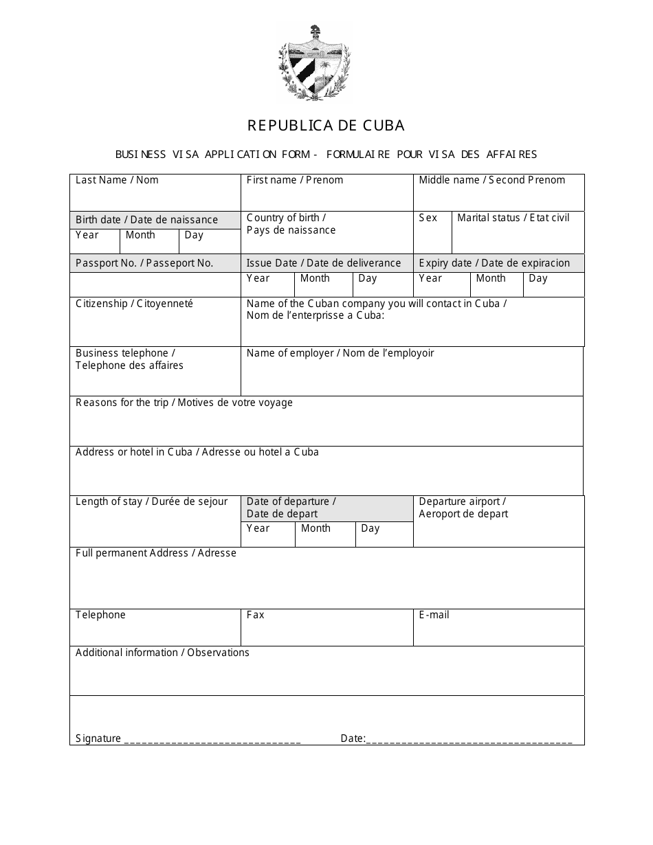 Cuba Business Visa Application Form (English / French), Page 1