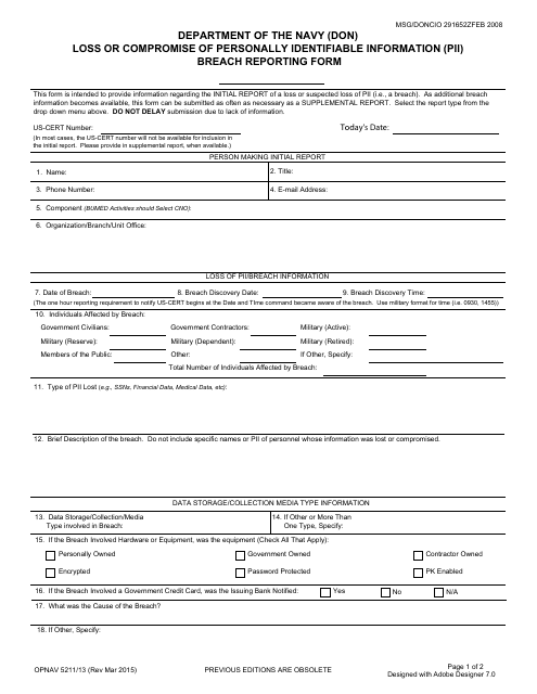 OPNAV Form 5211/13  Printable Pdf