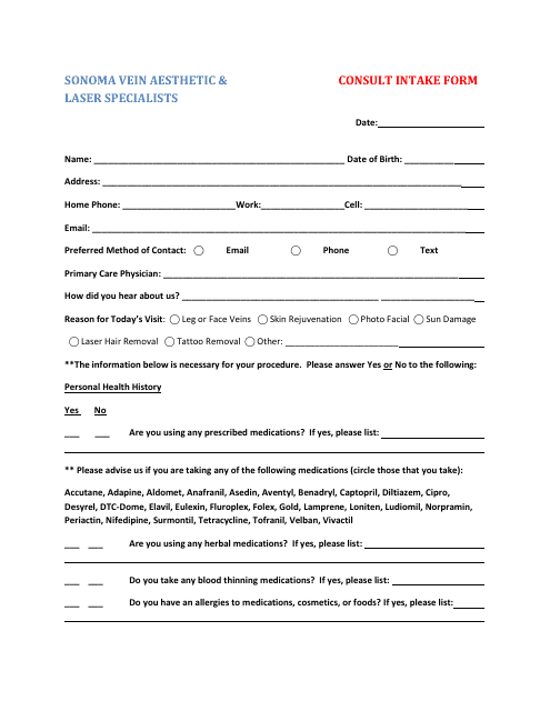 &quot;Laser Therapy Intake Form - Sonoma Vein Aesthetic &amp; Laser Specialists&quot; Download Pdf