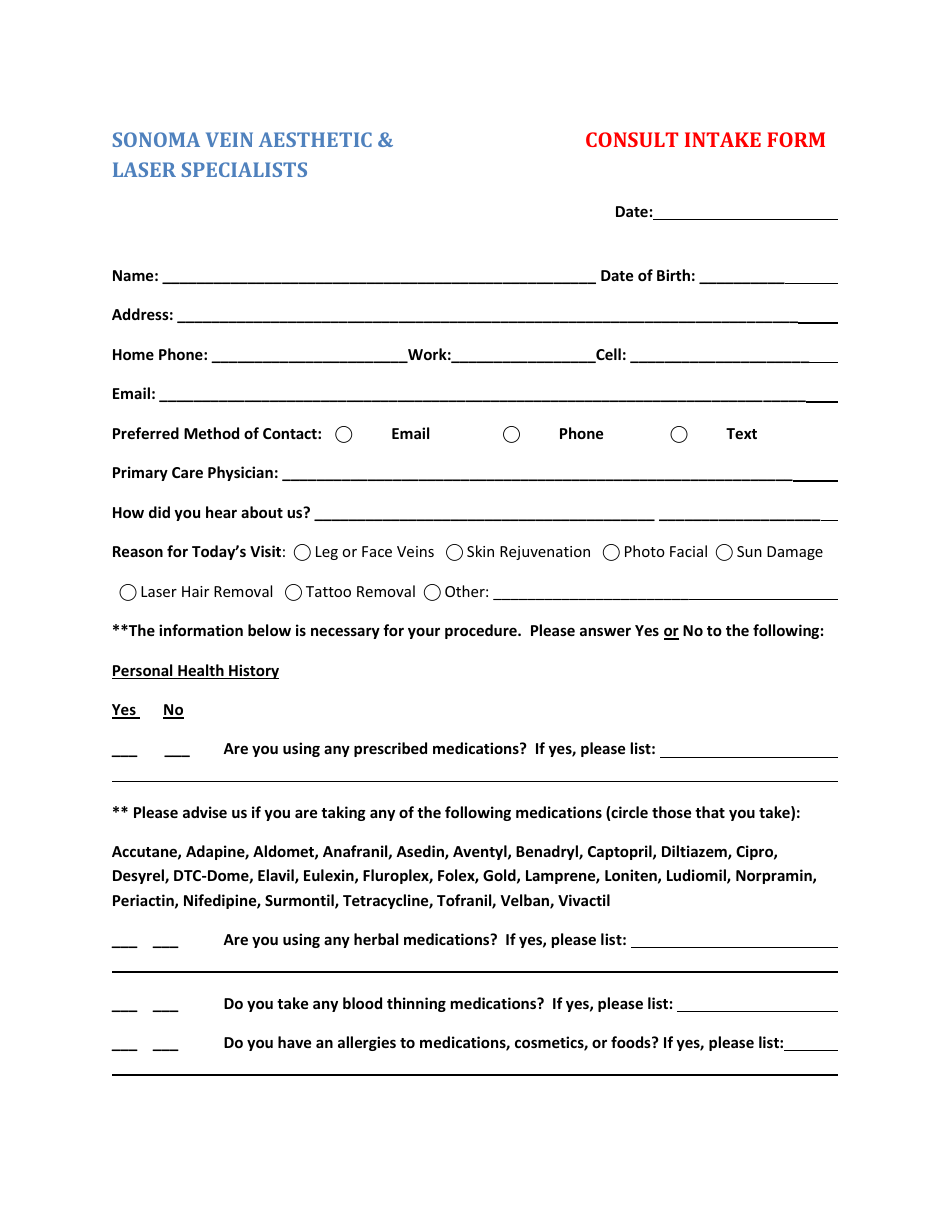 Laser Therapy Intake Form - Sonoma Vein Aesthetic  Laser Specialists, Page 1