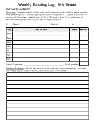 &quot;5th Grade Weekly Reading Log Template&quot;