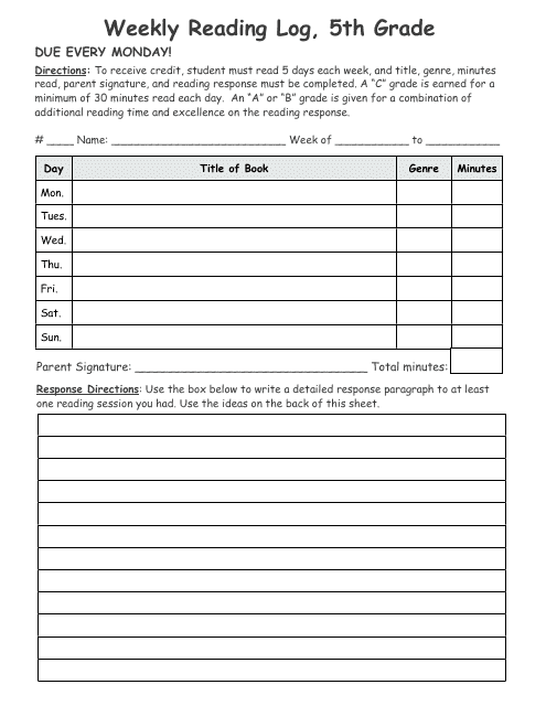 5th Grade Weekly Reading Log Template