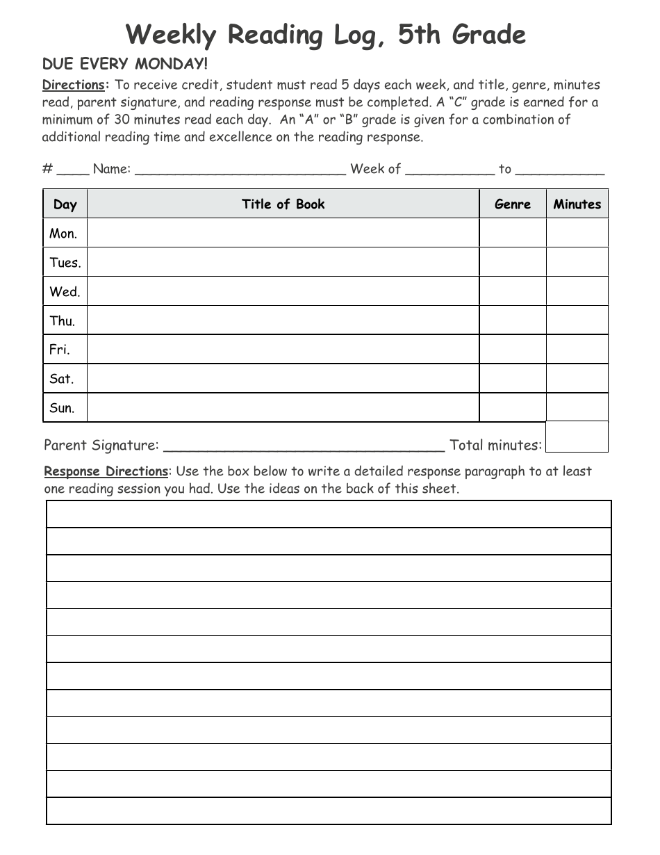 5th Grade Weekly Reading Log Template Preview