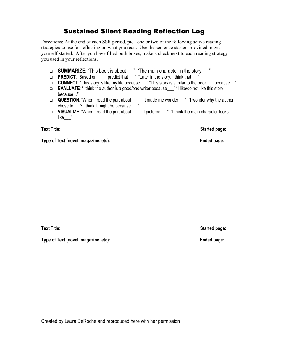 Sustained Silent Reading Reflection Log Template, Page 1
