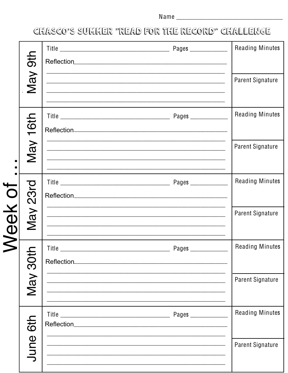 Reading Log Template - Chasco's Summer read for the Record Challenge, Page 1